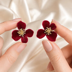 Maroon Velvet Flower Stud Earrings
