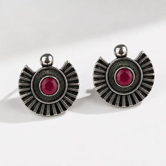 Oxidised Half-Sun Stud Earrings with Ruby Stone