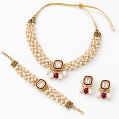 Red & Pearl Kundan Necklace & Bracelet Set
