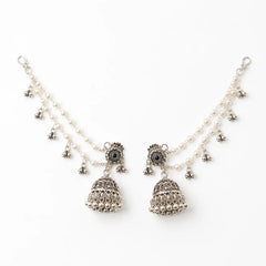 Silver Grace Oxidised Pearl Chain Jhumkas