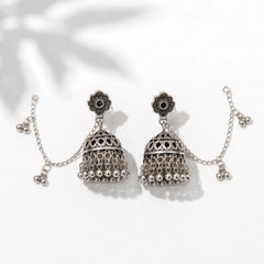 Silver Oxidised Chain  Tassel Jhumkas