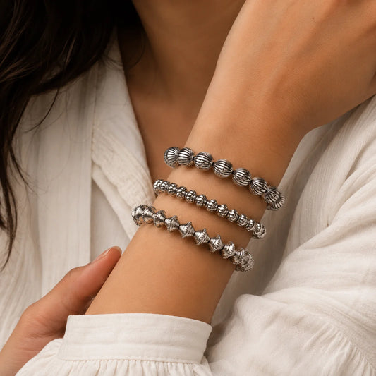Oxidised Silver Beaded Bracelet Set