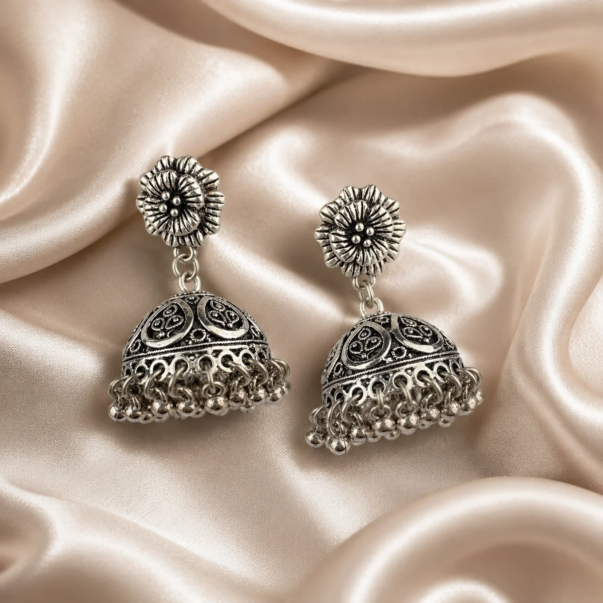 Oxidised Silver Dome Jhumka Earrings