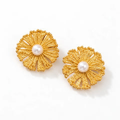 Golden Pearl Petal Stud Earrings
