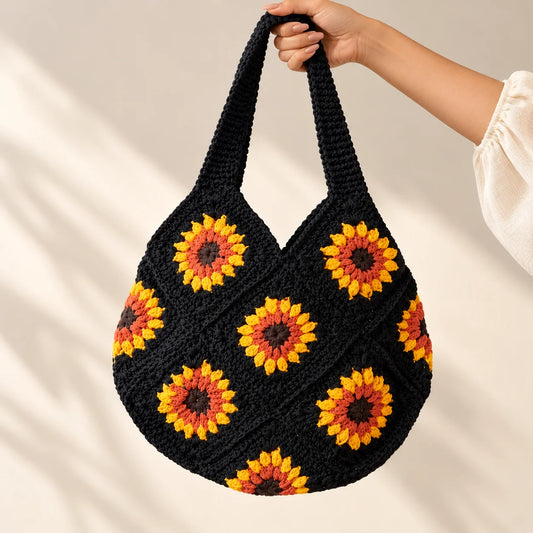 Black Sunflower Crochet Shoulder Bag