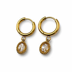 Oval Crystal Drop Hoop Earrings - 18K Gold Plated