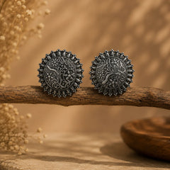 Oxidised Black Round Floral Stud Earrings