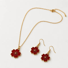 Red Flower Necklace & Earrings Set