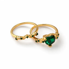 Emerald Crystal Heart Rings Set
