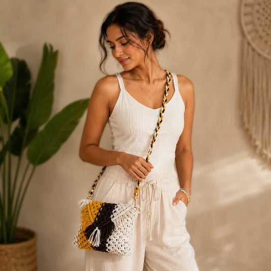 Macrame Brown N Yellow Sling Bag