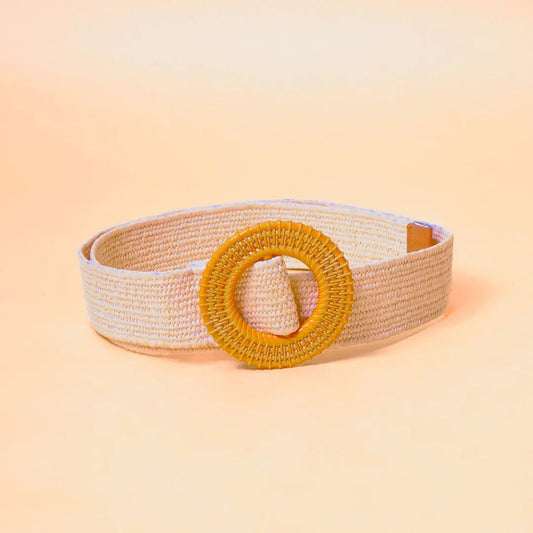 Woven Raffia Cream Circular Buckle Belt