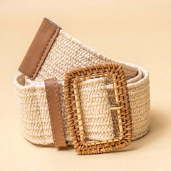 Woven Raffia Cream Rectangular Buckle Belt
