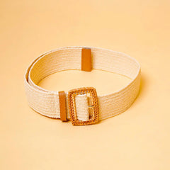 Woven Raffia Cream Rectangular Buckle Belt