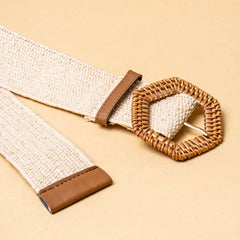 Braided Cream Raffia Hexagonal Buckle Belt