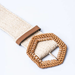 Braided Cream Raffia Hexagonal Buckle Belt