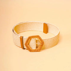 Braided Cream Raffia Hexagonal Buckle Belt