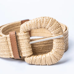 Raffia Beige Wide Buckle Belt