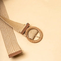 Raffia Tan Woven Round Buckle Belt