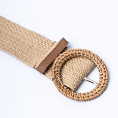 Raffia Tan Woven Round Buckle Belt