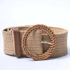 Raffia Tan Woven Round Buckle Belt