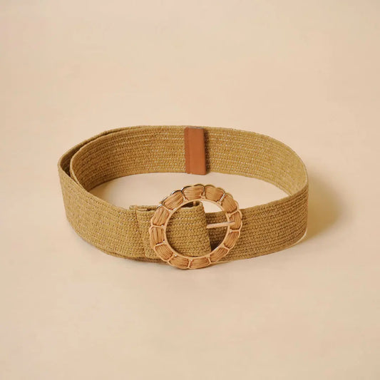 Raffia Olive Flower Straw Buckle Belt