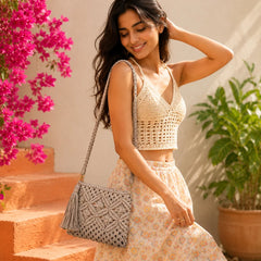 Beige Knitted Macrame Sling Bag