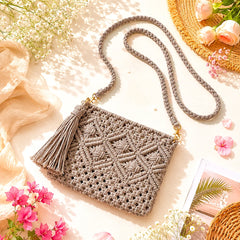 Beige Knitted Macrame Sling Bag