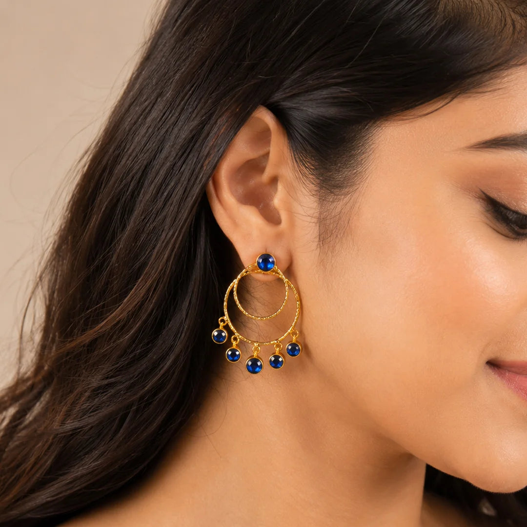 Textured Gloden Layered Circular Gems Dangle Earrings