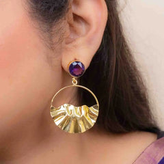 Golden Crumple Circular Gems Earrings