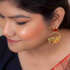 Golden Crumple Circular Gems Earrings