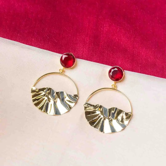 Golden Crumple Circular Gems Earrings