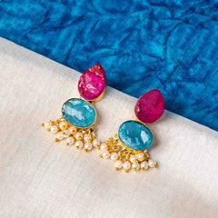 Golden Druzy Stone Dual Coloured Pearl Mogra Earrings