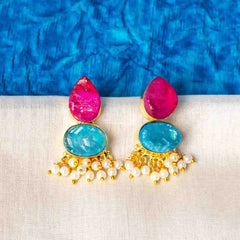 Golden Druzy Stone Dual Coloured Pearl Mogra Earrings