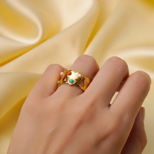 Colourful Heart Shape Open Ring - 18K Gold Plated