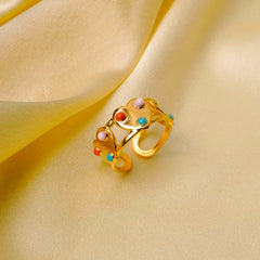 Colourful Heart Shape Open Ring - 18K Gold Plated