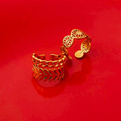 Pack of 2 Golden Filigree Floral Band And Leaf Chain Rings