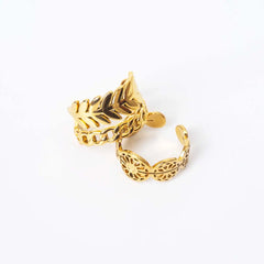 Pack of 2 Golden Filigree Floral Band And Leaf Chain Rings