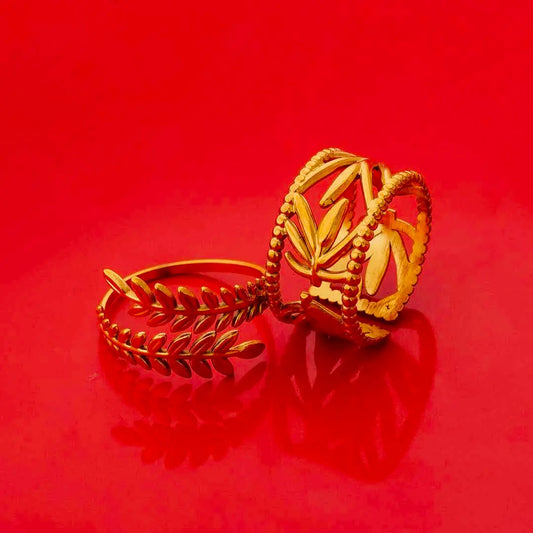 Pack of 2 Golden Leaves Intertwisted Vine and Band Rings
