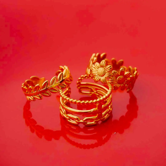 Pack of 2 Golden Floral Leaf Link Chain Rings