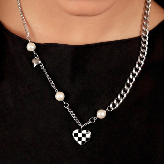 Checked Heart And Charms Chain Necklace - Rhodium Plated
