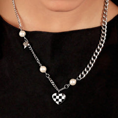 Checked Heart And Charms Chain Necklace - Rhodium Plated