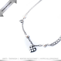 Checked Heart And Charms Chain Necklace - Rhodium Plated