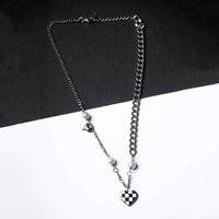 Checked Heart And Charms Chain Necklace - Rhodium Plated