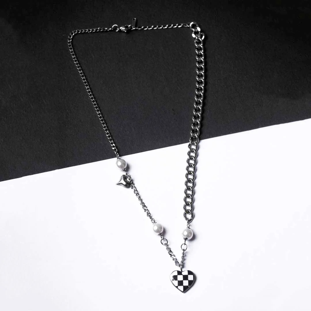 Checked Heart And Charms Chain Necklace - Rhodium Plated