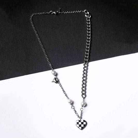 Checked Heart And Charms Chain Necklace - Rhodium Plated