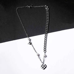 Checked Heart And Charms Chain Necklace - Rhodium Plated