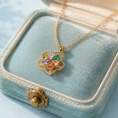 Floral Colourful Gems Spinning Necklace - 18K Gold Plated