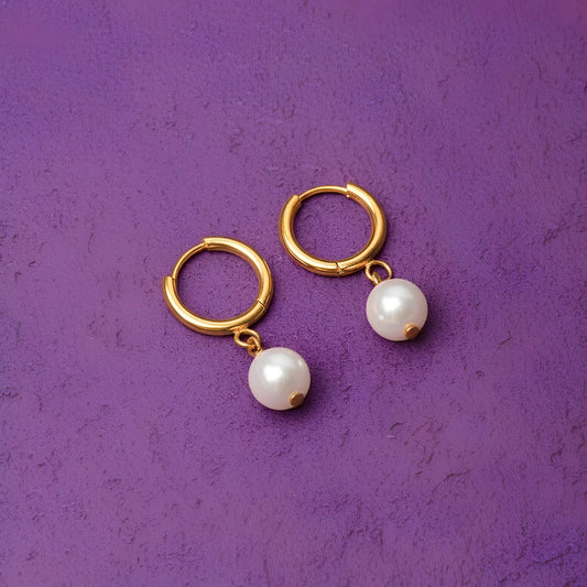 Small Pearl Drop Hoop Earrings - 18K Gold Plated