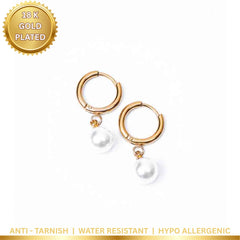 Small Pearl Drop Hoop Earrings - 18K Gold Plated