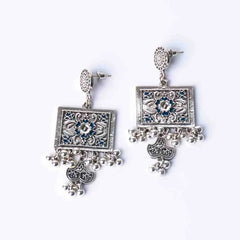 Intricate Floral Antique Silver Square Dangle Earrings